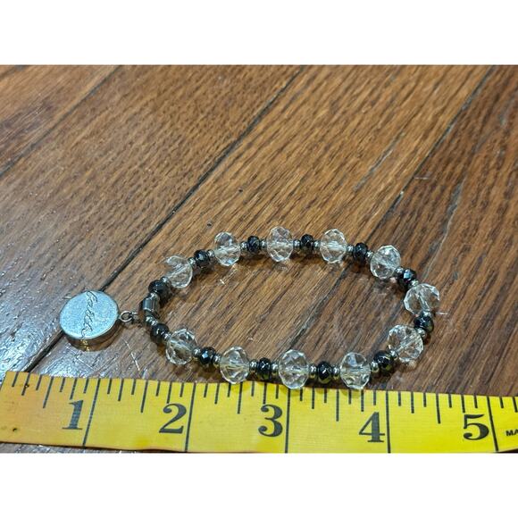 Rustic Cuff Christian Faith Stretch Bracelet Silver & Clear Beads Charm Logo - Picture 3 of 16